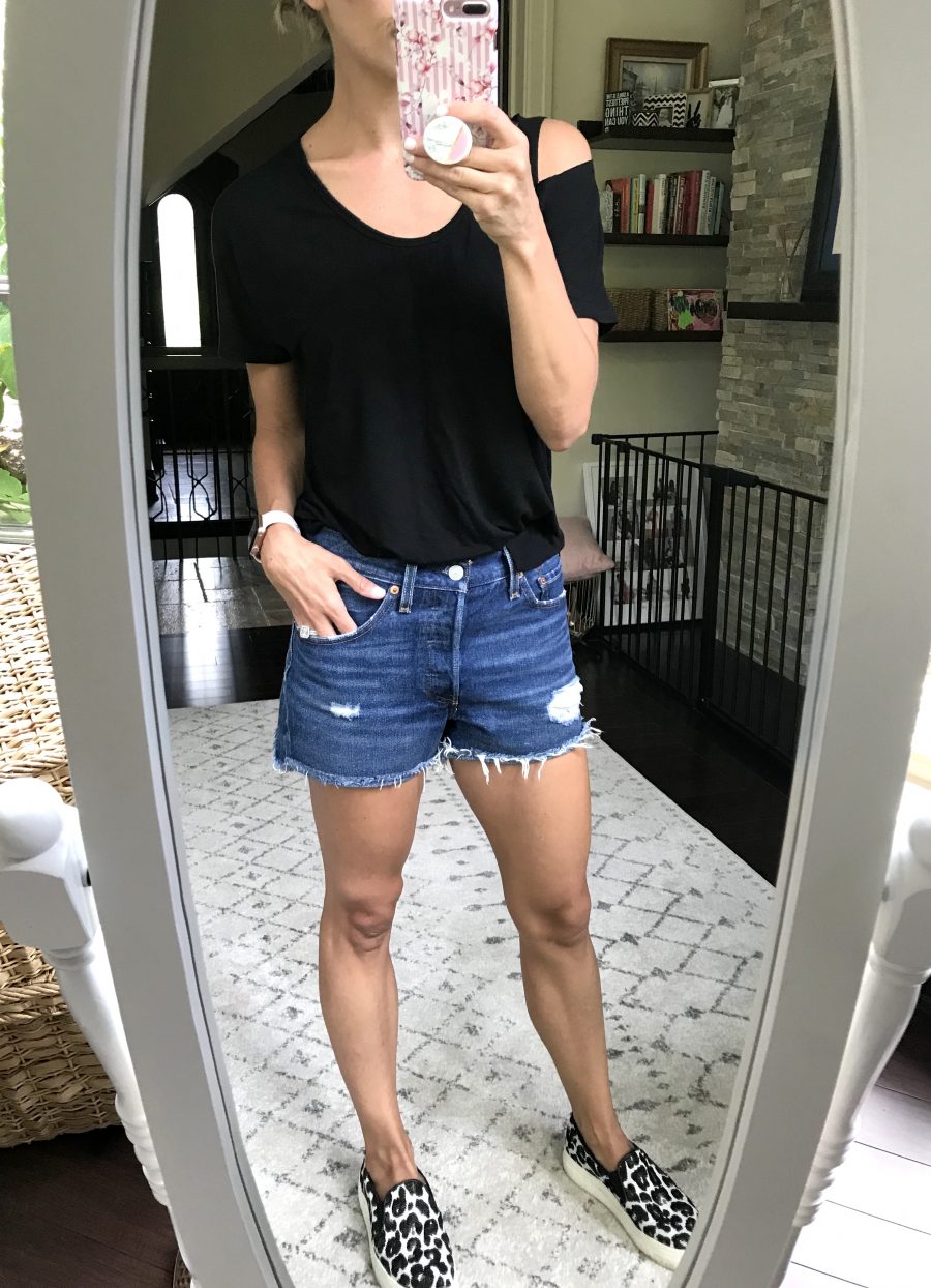#ootd, black tee, denim shorts, and leopard sneakers