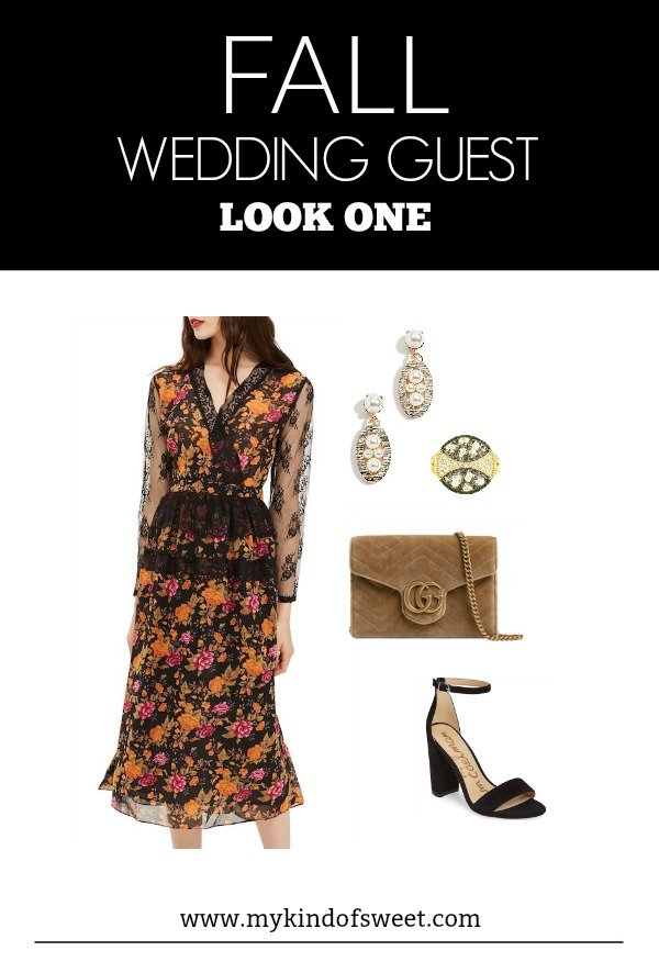 Fall wedding guest outfit, floral dress, Gucci bag, black heels