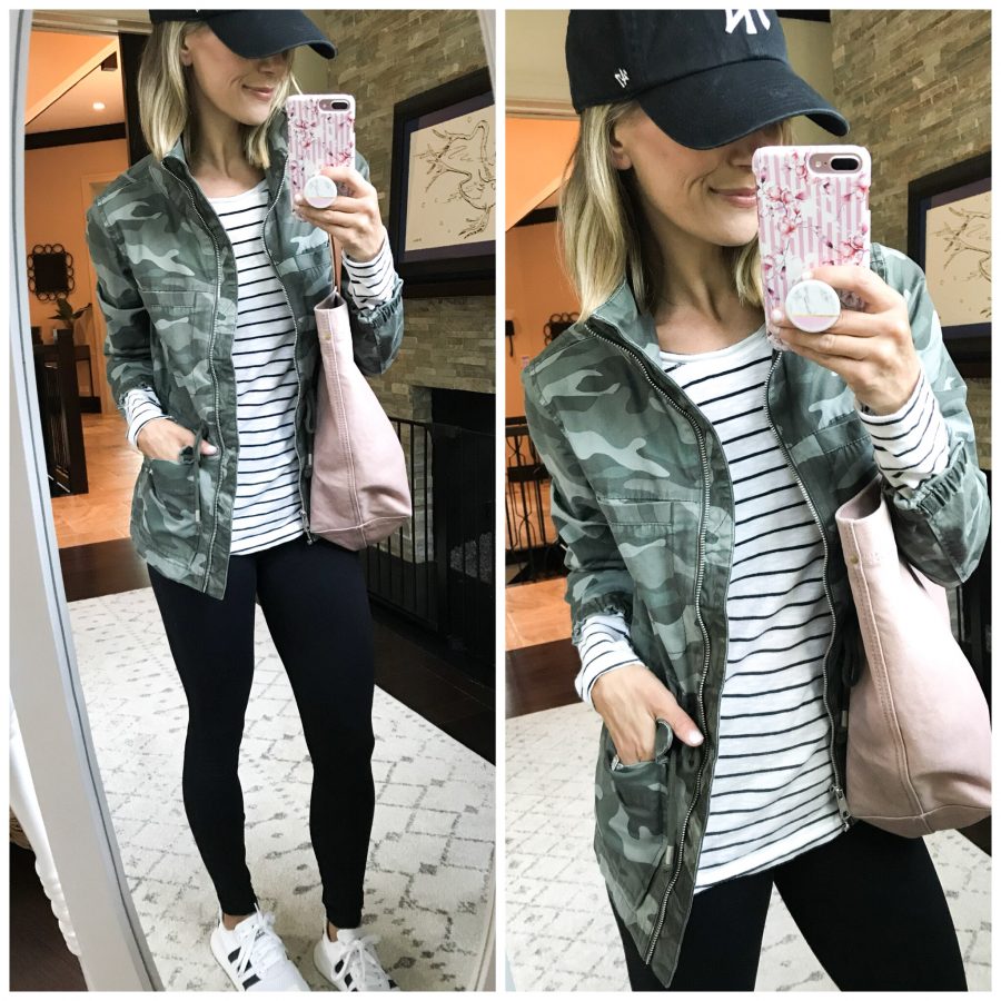 Camo jacket, leggings, striped tee, sneakers