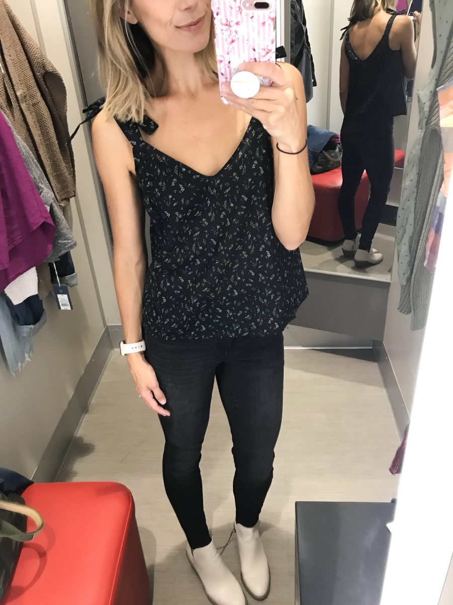 Target fall try on, floral tank, black denim, booties