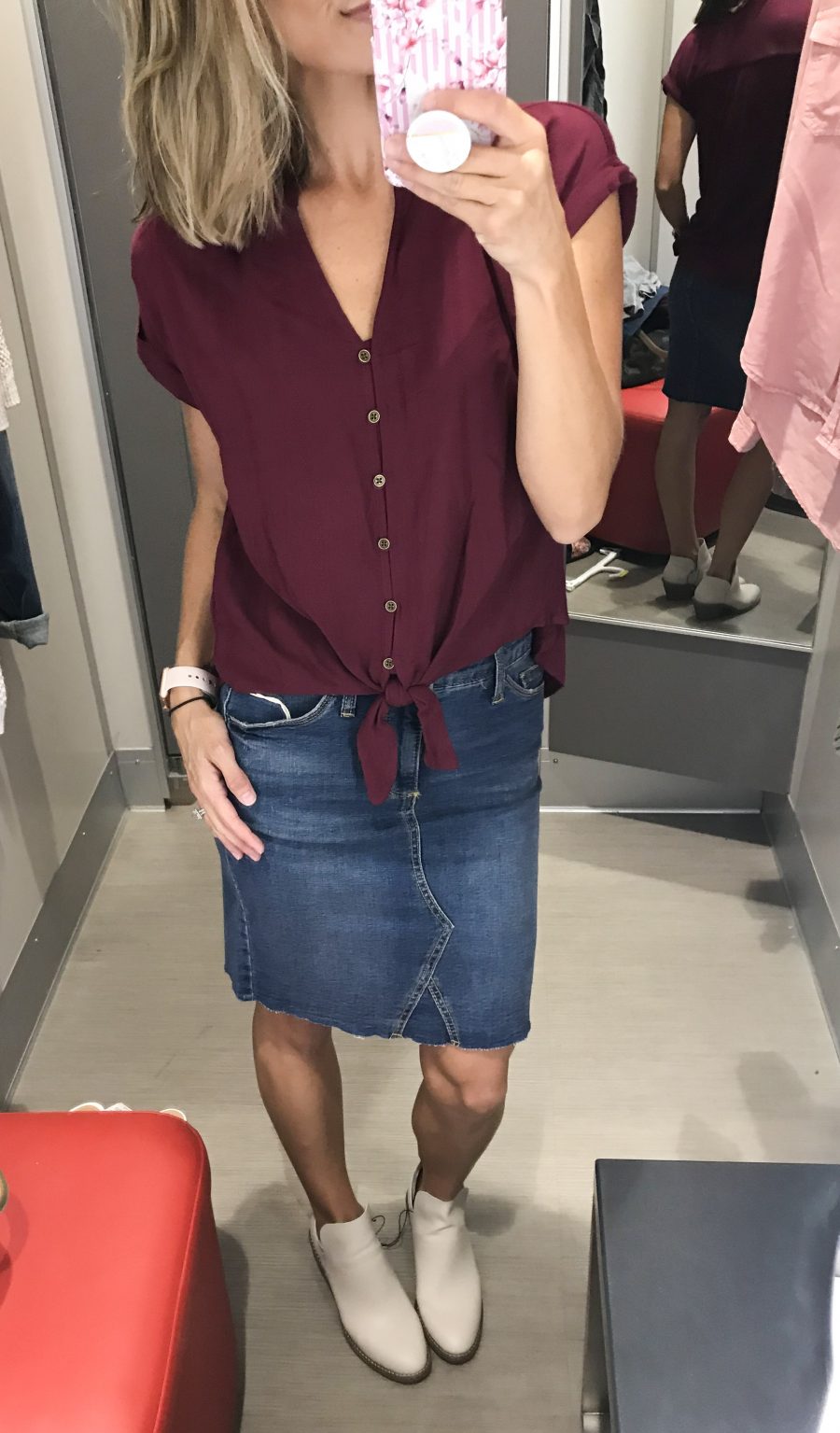Target fall try on, tie front top, denim skirt, booties