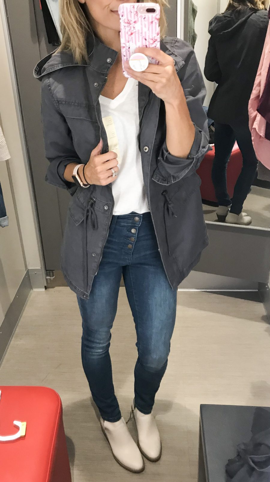 Utility jacket, v neck tee, high rise denim, booties