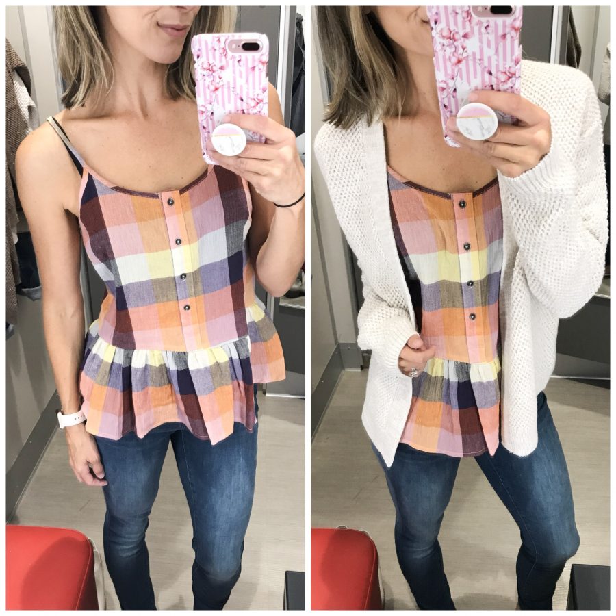 Target fall try on, plaid tank, high rise jeans, cardigan, booties