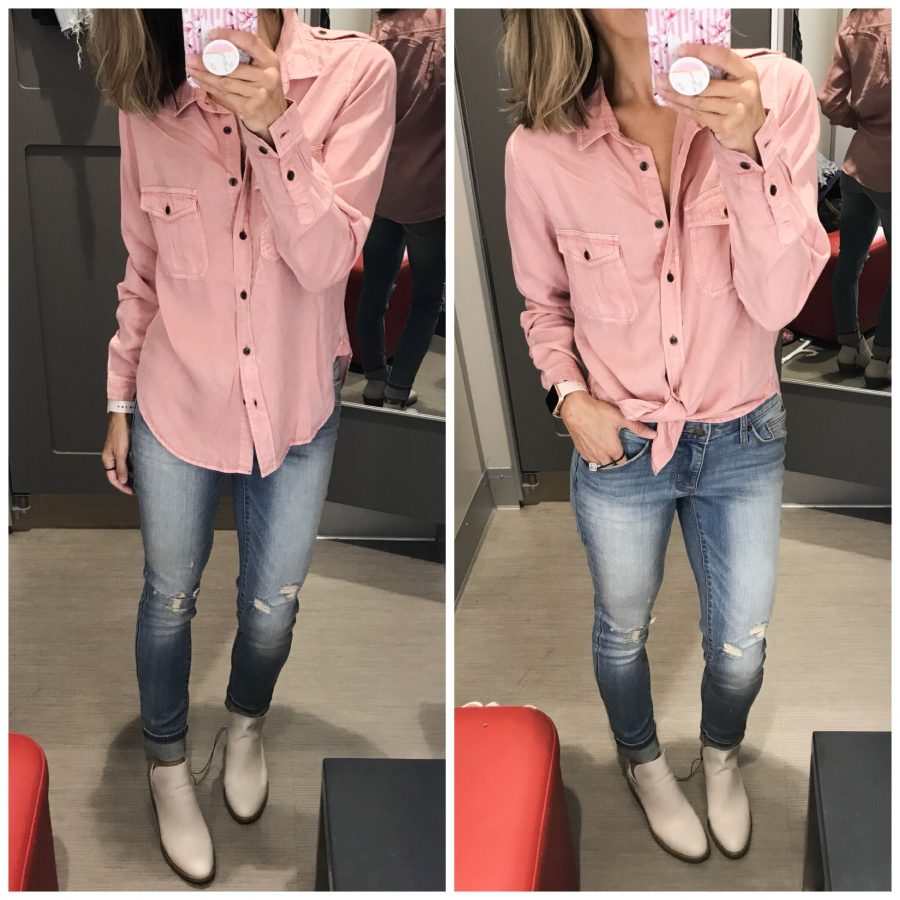 Target fall try on, pink button down, jeans, and booties