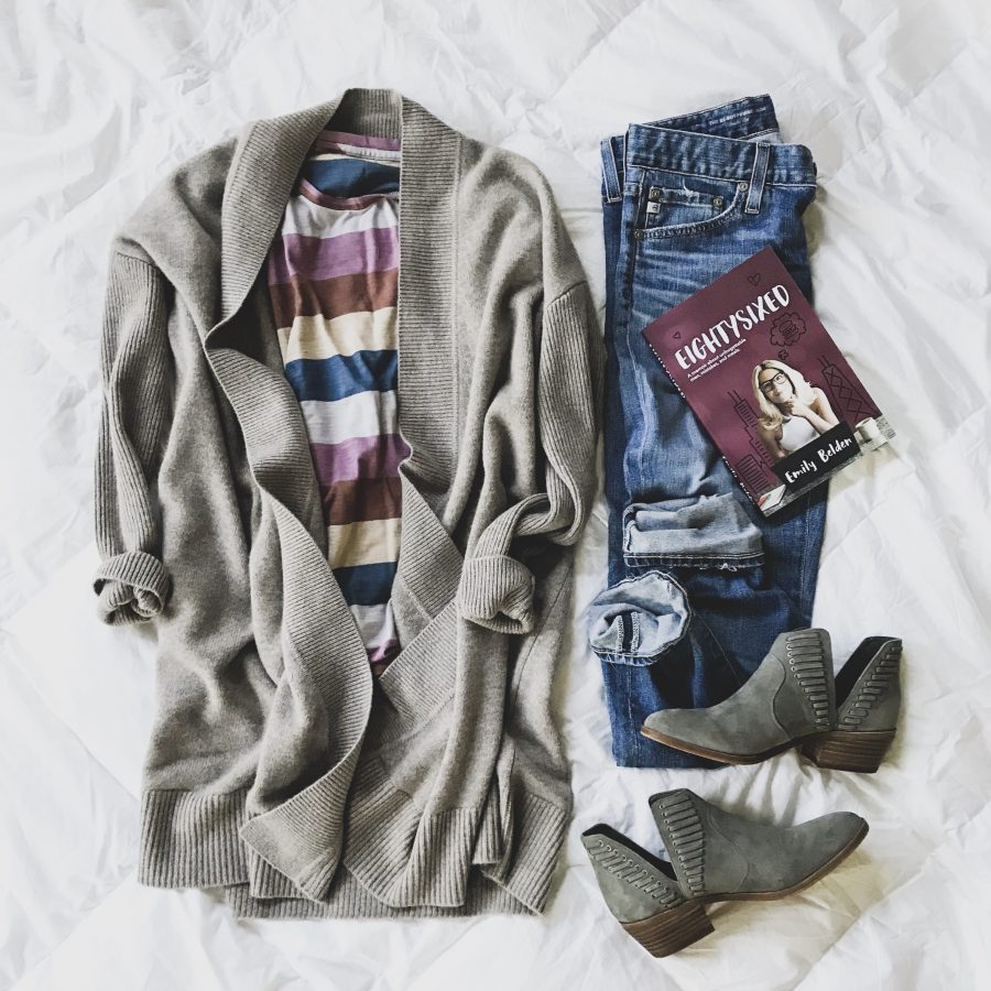 Cardigan, striped tee, denim, booties