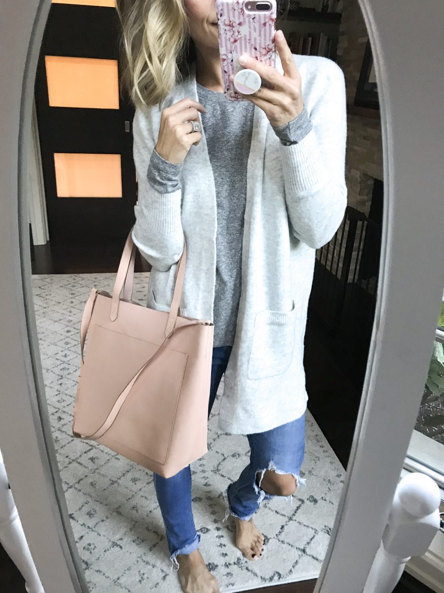 Madewell tote, cardigan, and tee, Levi's denim
