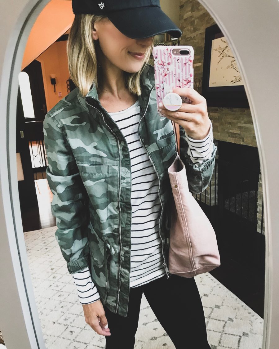 Camo jacket, striped tee, Zella leggings, Magewell tote, sneakers, ball cap