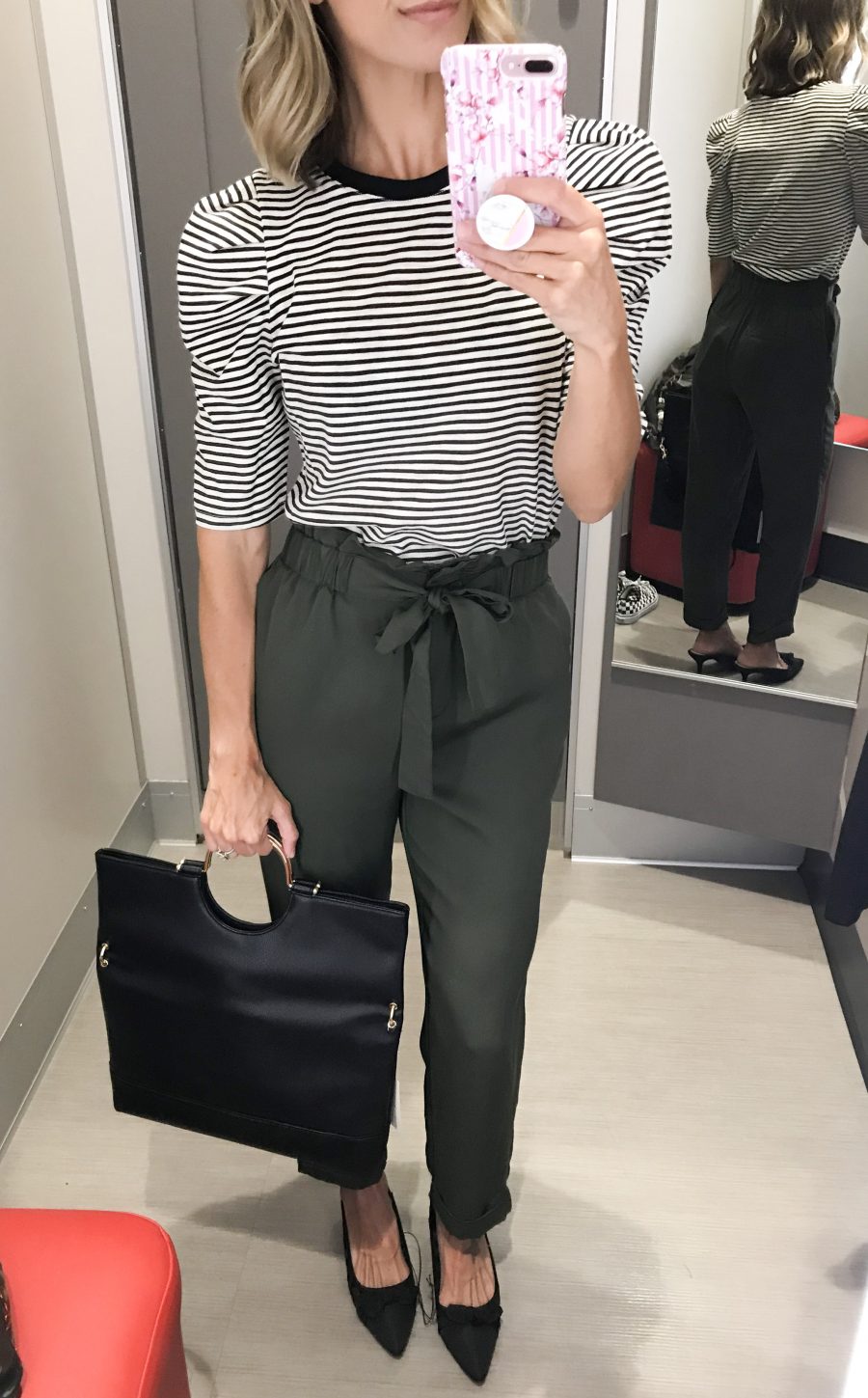 fall Target try-on, stiped puff sleeve tee, paperbag pants, kitten heels, tote bag