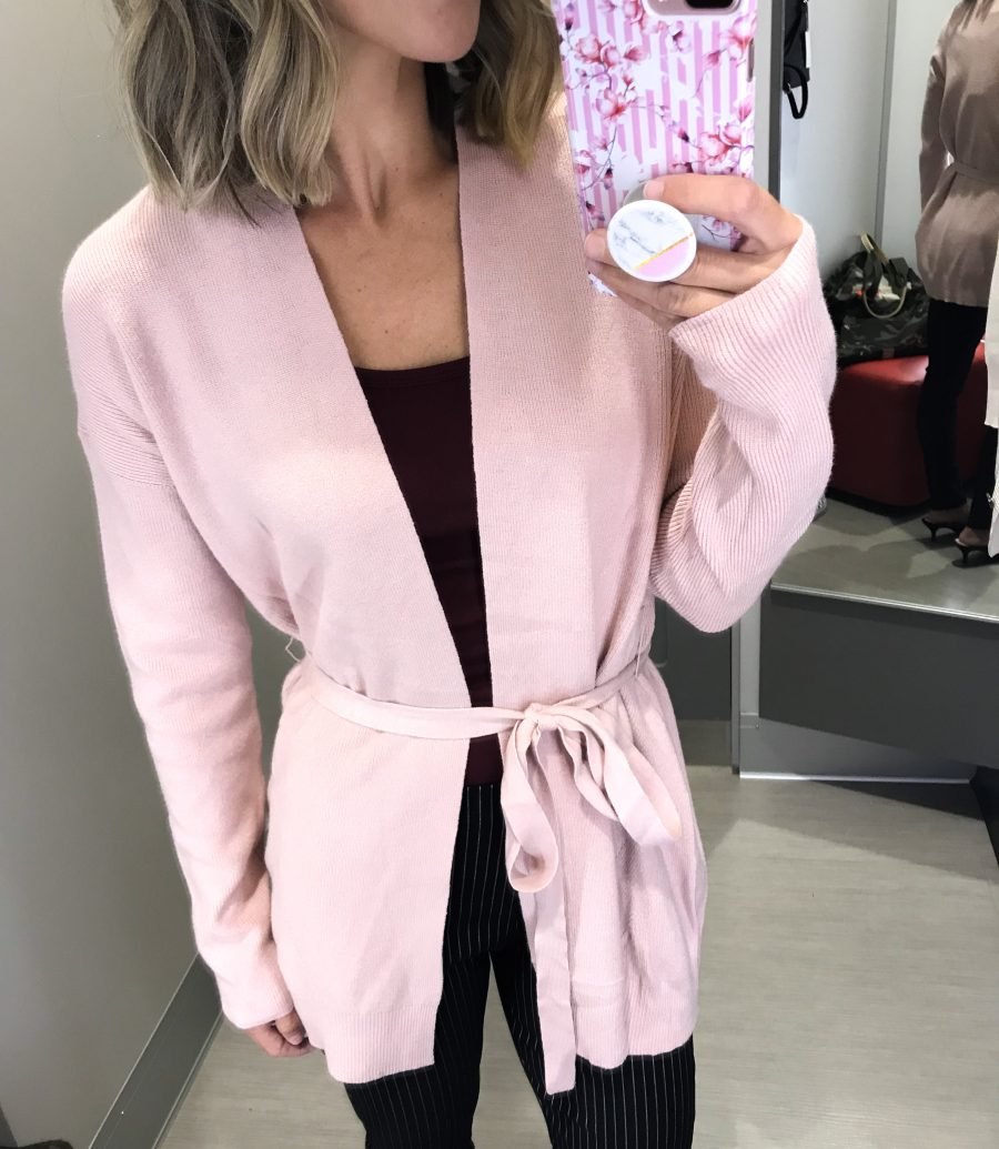 fall Target try-on, belted cardigan, tank, pants, kitten heels