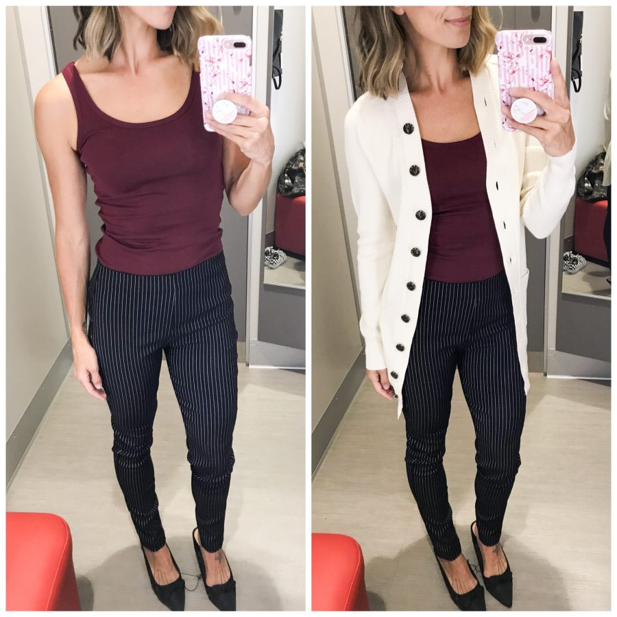 fall Target try-on, button down cardigan, tank, pinstripe pants, kitten heels