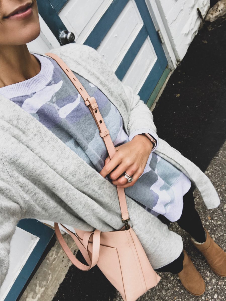 Camo pullover, cardigan, leggings, and Uggs