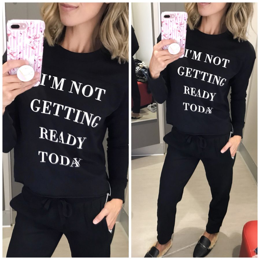 Sweatshirt, joggers, faux fur slides
