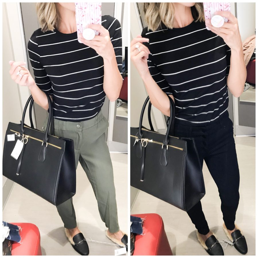 Striped tee, joggers, tote bag, faux fur slides, black jeans