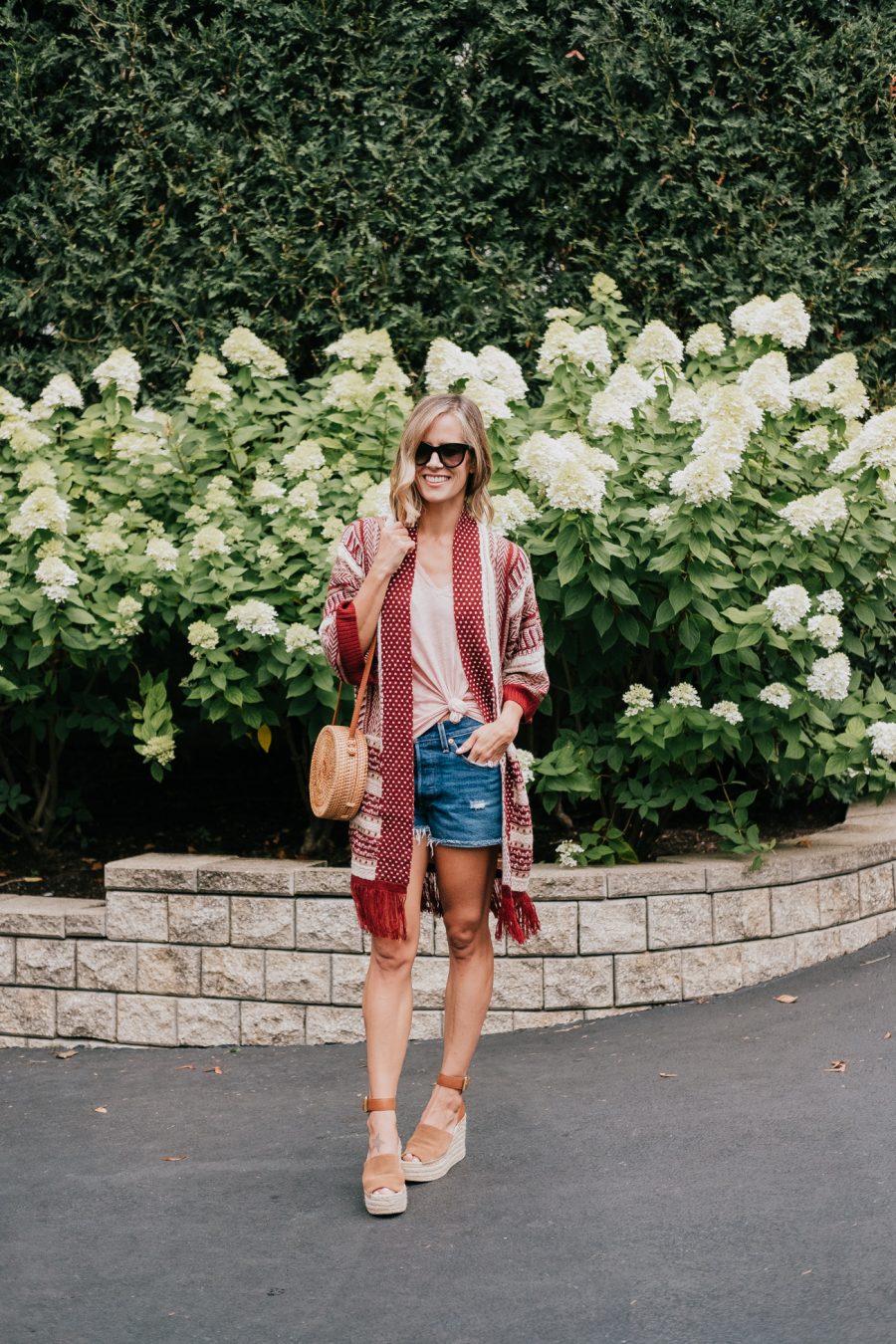 Amazon fall fashion cardigan, tee, denim shorts, and straw bag