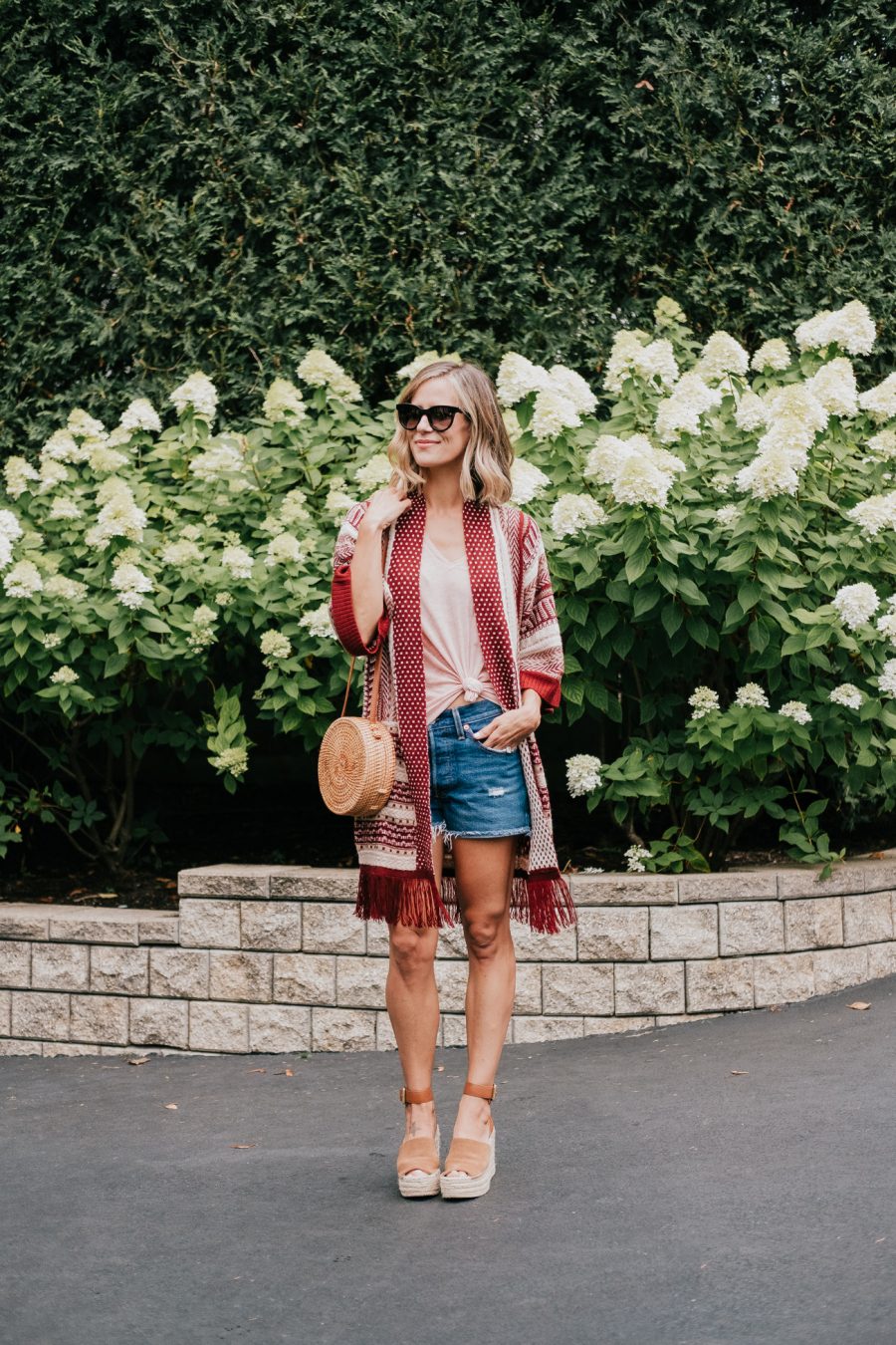 Amazon fall fashion cardigan, tee, denim shorts, espadrilles, and straw bag