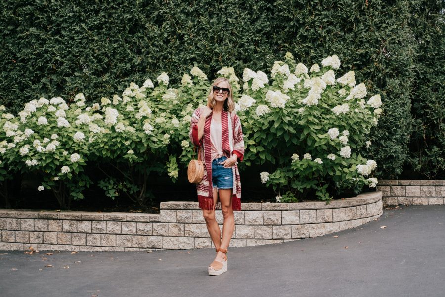 Amazon fall fashion cardigan, tee, denim shorts, espadrilles, and straw bag