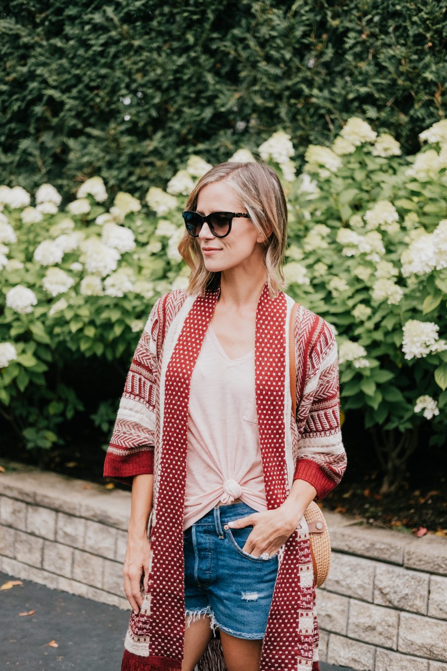 Amazon fall fashion cardigan, tee, denim shorts, espadrilles, and straw bag