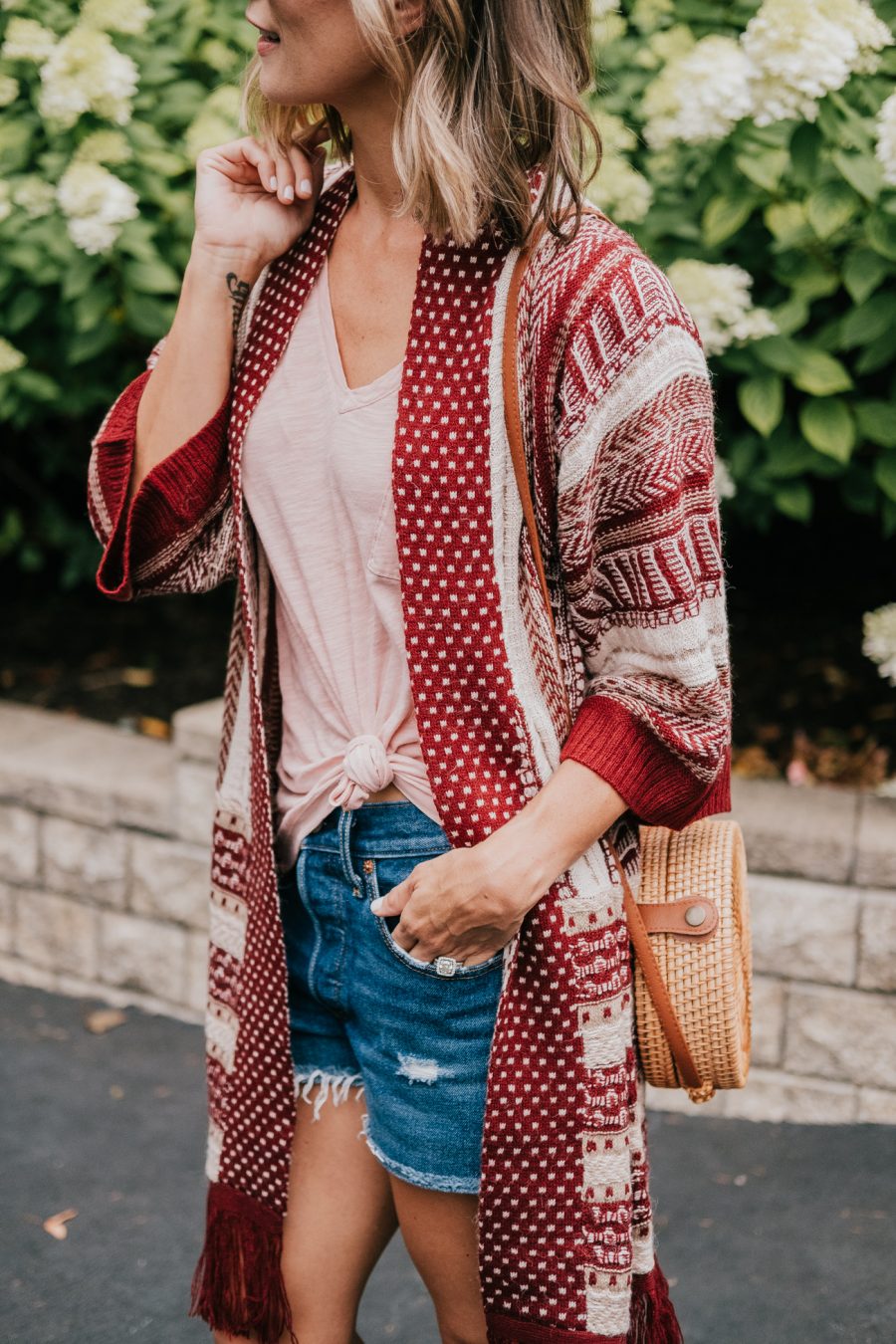 Amazon fall fashion cardigan, tee, denim shorts, espadrilles, and straw bag