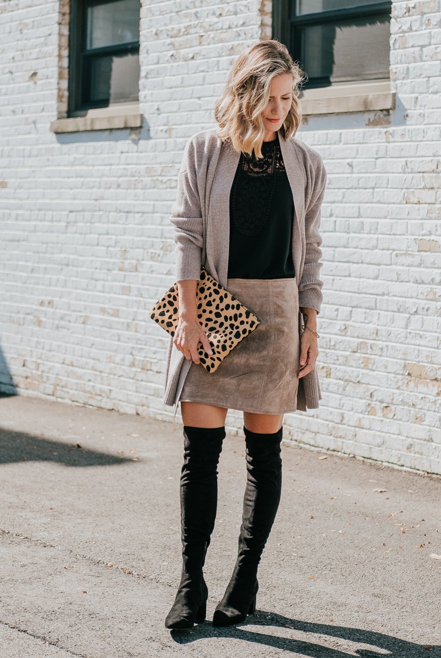 Cardigan, black top, brown suede skirt, leopard bag, over the knee boots