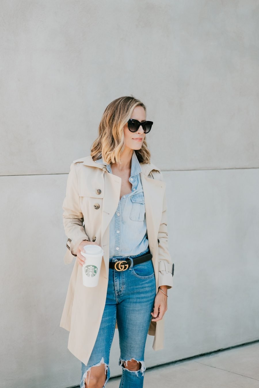 Denim on denim, Gucci belt, sunglasses, leopard flats, and trench coat
