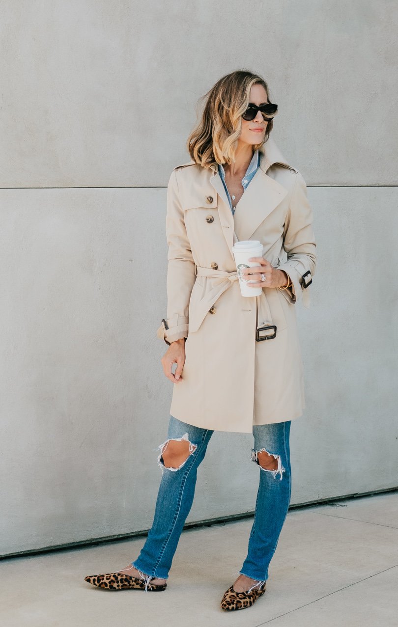 Denim on denim, Gucci belt, sunglasses, leopard flats, and trench coat