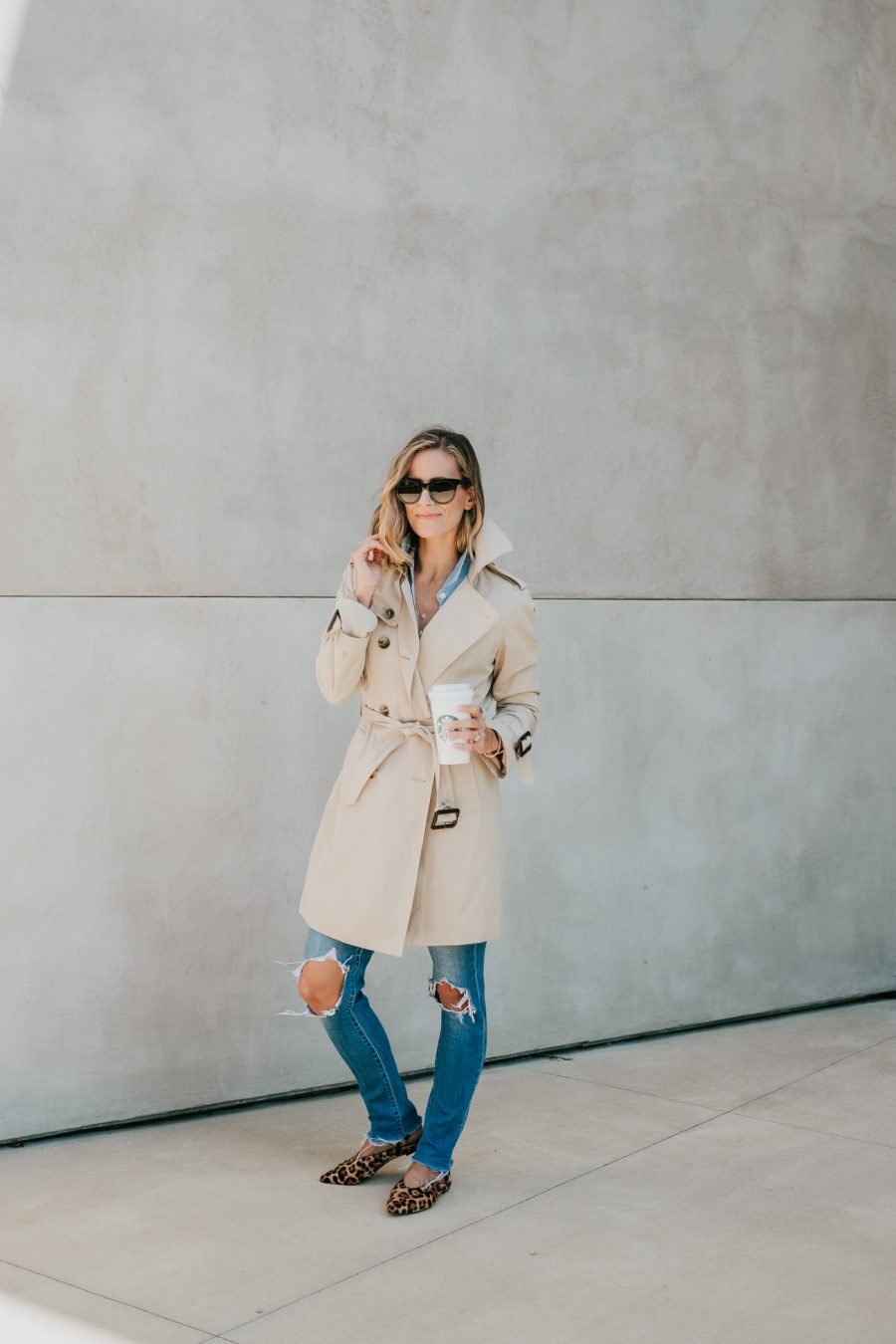 Denim on denim, Gucci belt, sunglasses, leopard flats, and trench coat