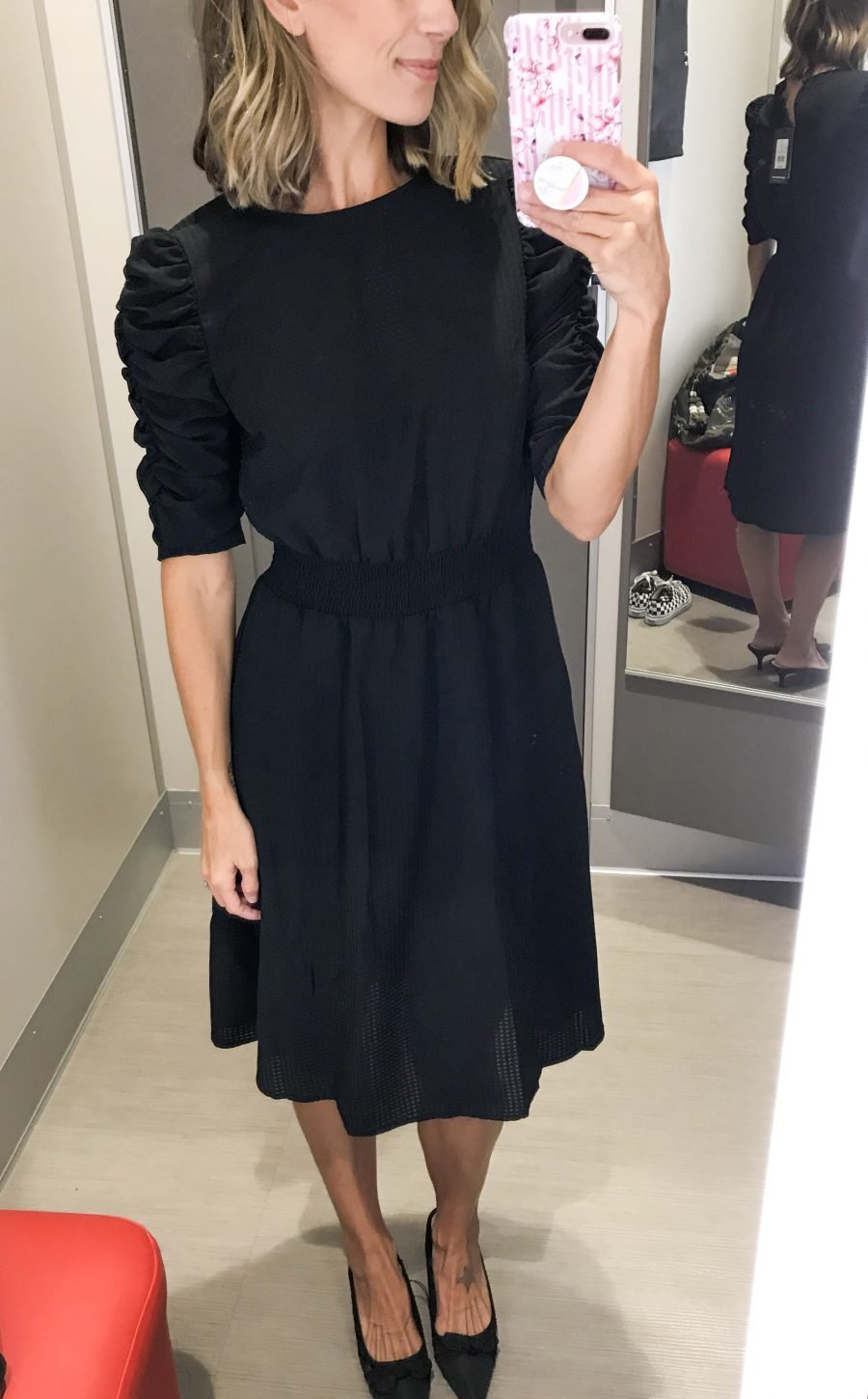 fall Target try-on, smocked waist dress, kitten heels