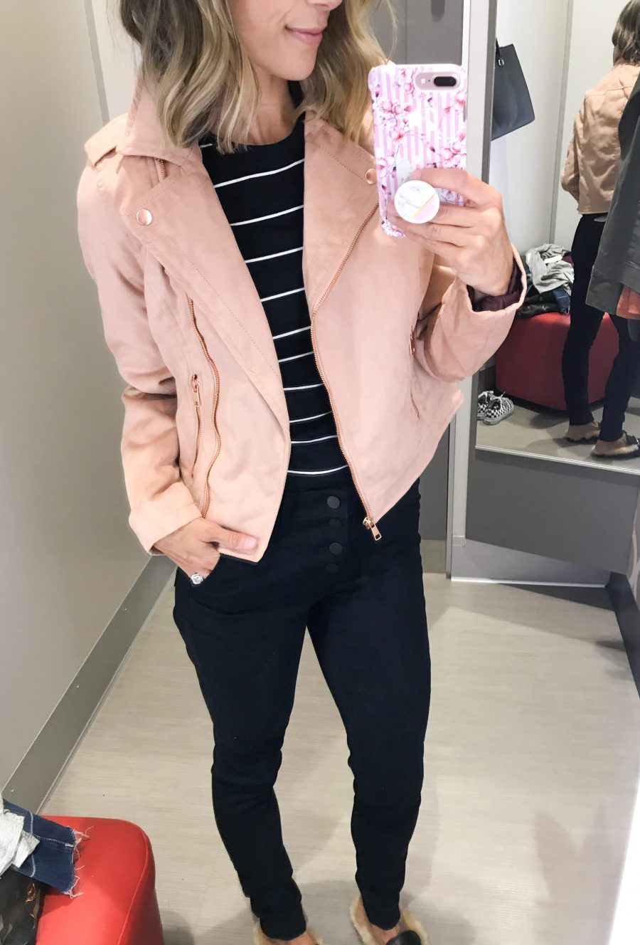 Moto jacket, tee, black jeans, faux fur slides