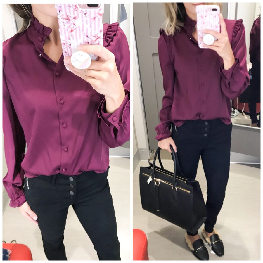 Ruffle blouse, button front jeans, faux fur slides, tote bag