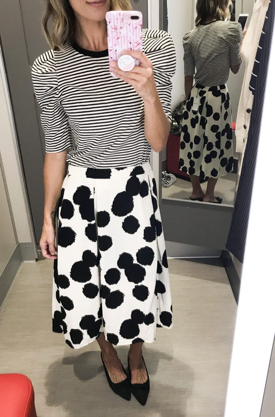 fall Target try-on, puff sleeve tee, polka dot skirt, kitten heel mules