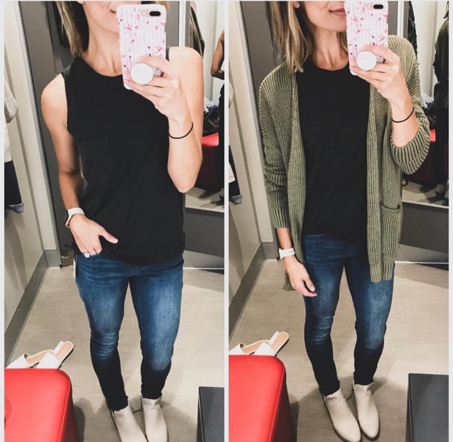 Cardigan, muscle tank, denim, booties