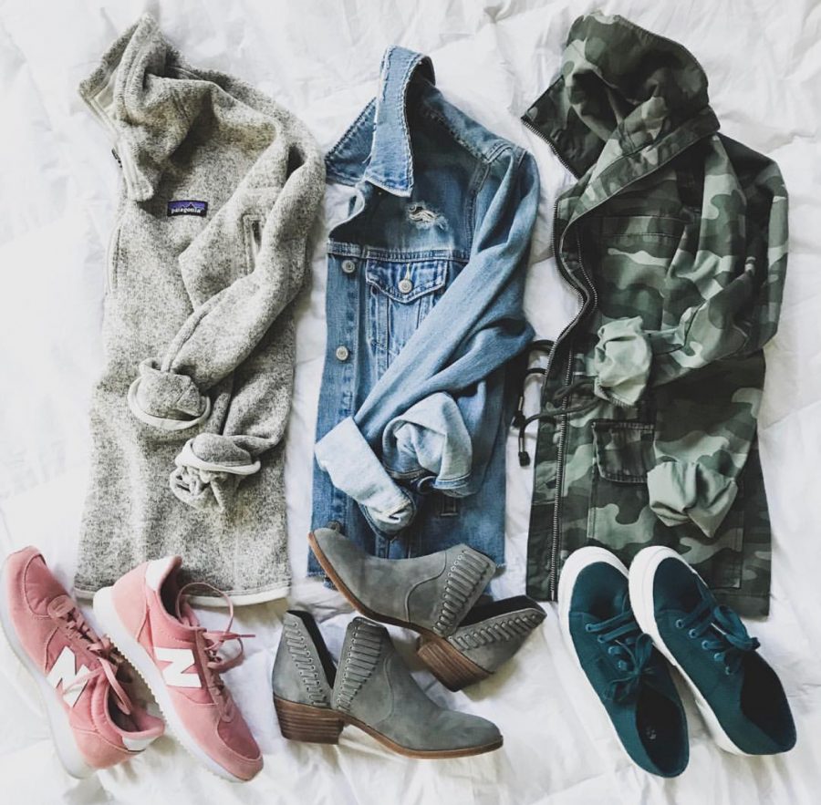 Patagnia sweater, New Balance sneakers, denim jacket, booties, utility jacket, leopard sneakers