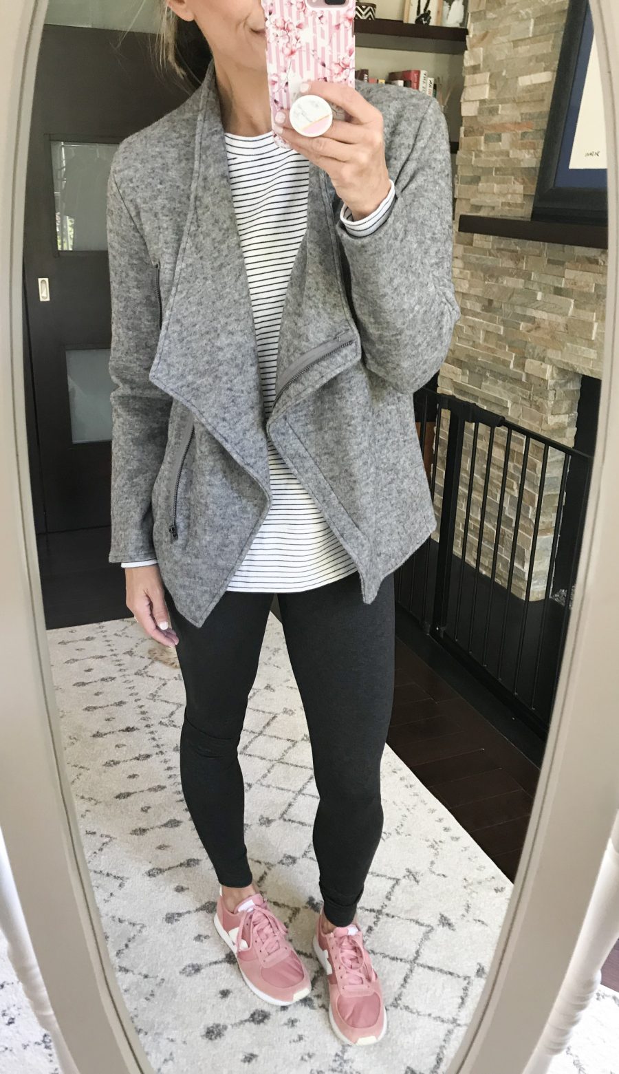 Moto jacket, striped tunic pullover, high waist leggings