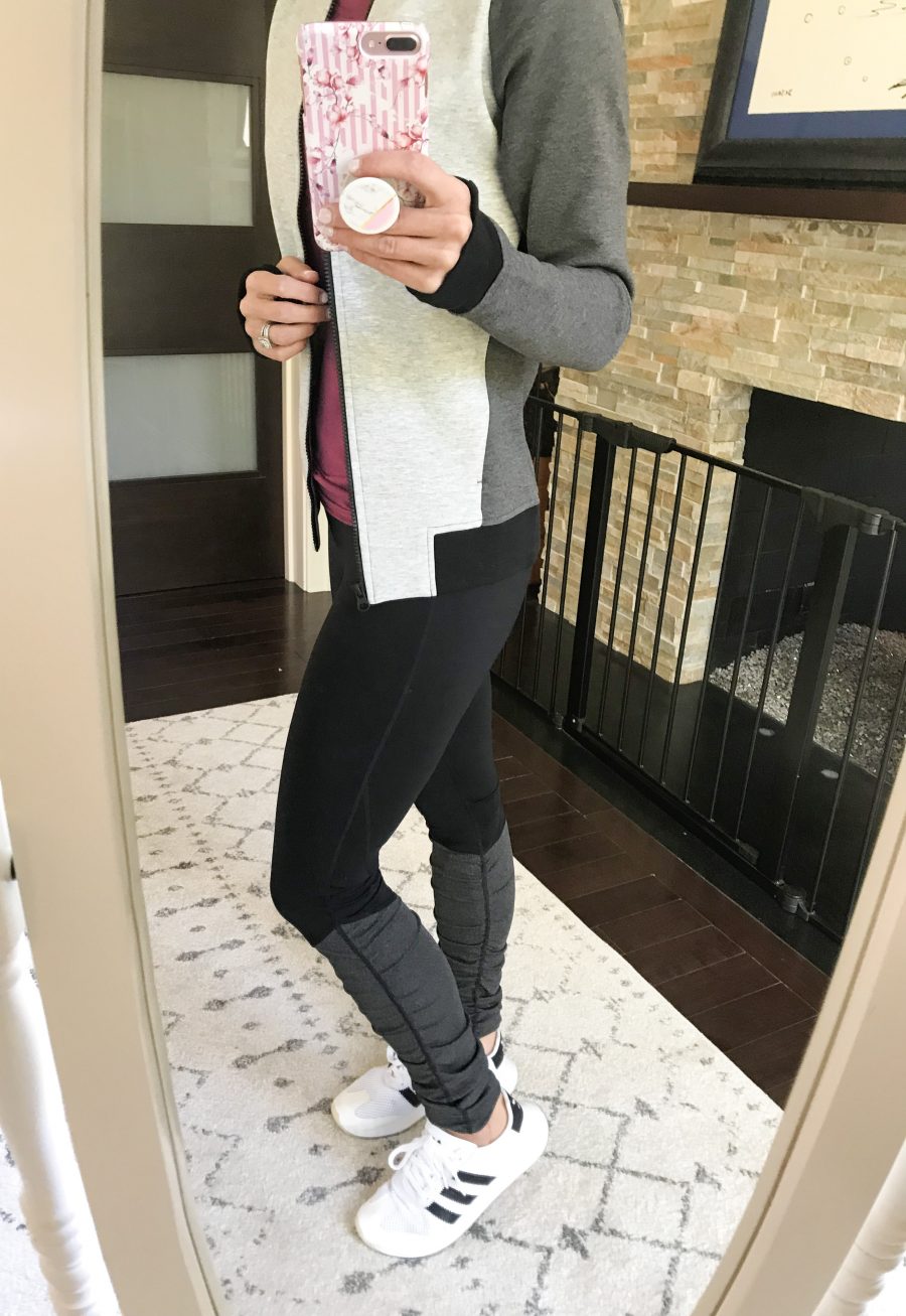 Bomber jacket, leggings, Adidas sneakers