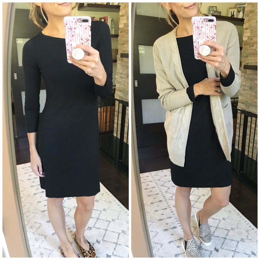 Tee shirt dress, cardigan, leopard sneakers