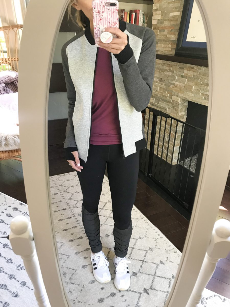 Bomber jacket, leggings, Adidas sneakers