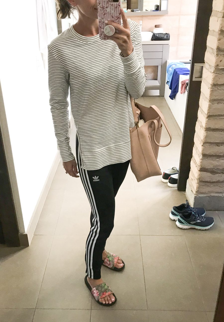 Striped tunic, Adidas track pants, Madewell tote, slides