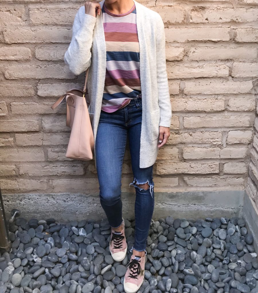 Miraval: What I Wore, Madewell cardigan and striped tee, AG jeans, Golden Goose sneakers, Madewell tote