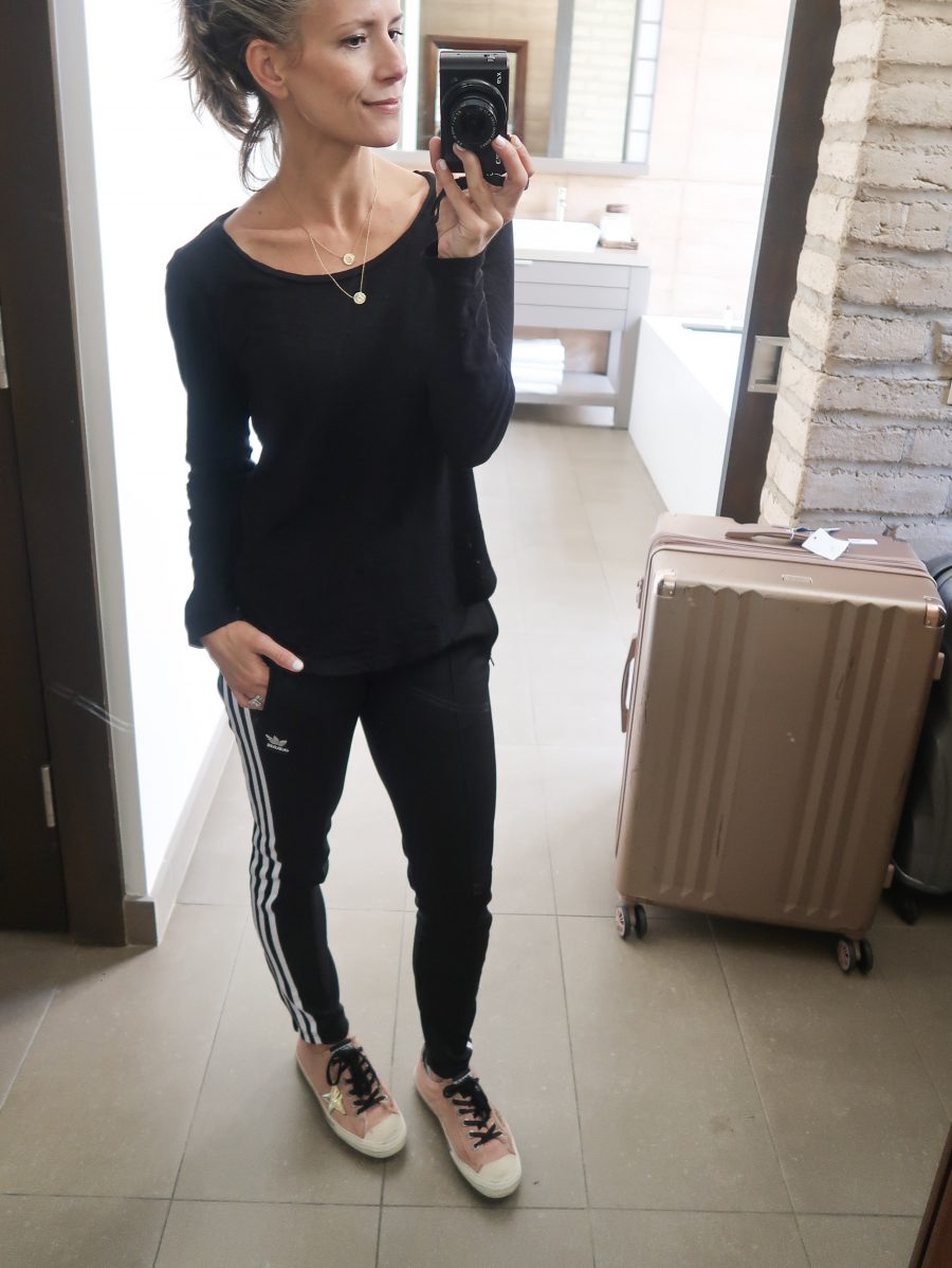 Miraval: What I Wore, long sleeve tee, Adidas pants, Golden Goose sneakers