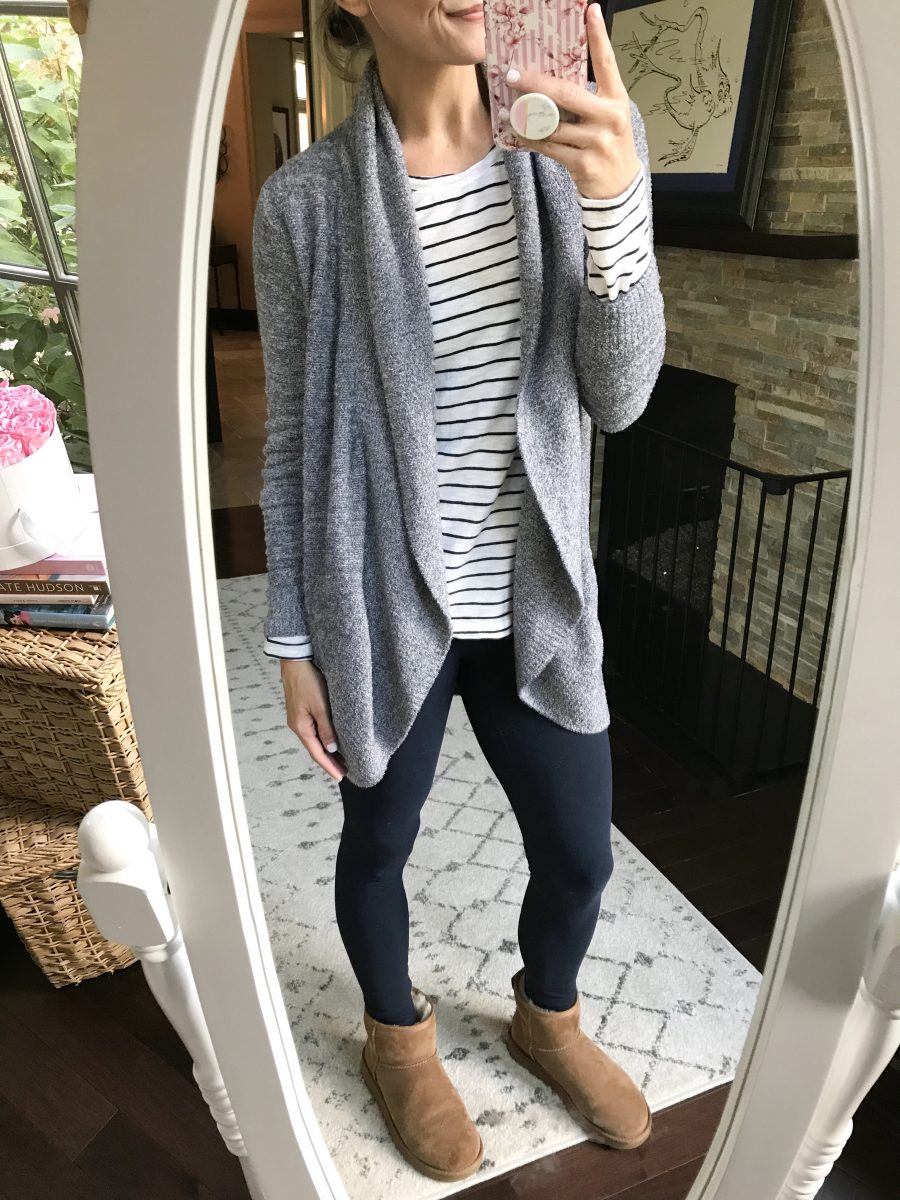 Barefoot Dreams cardigan, Zella leggings, striped tee, and Uggs