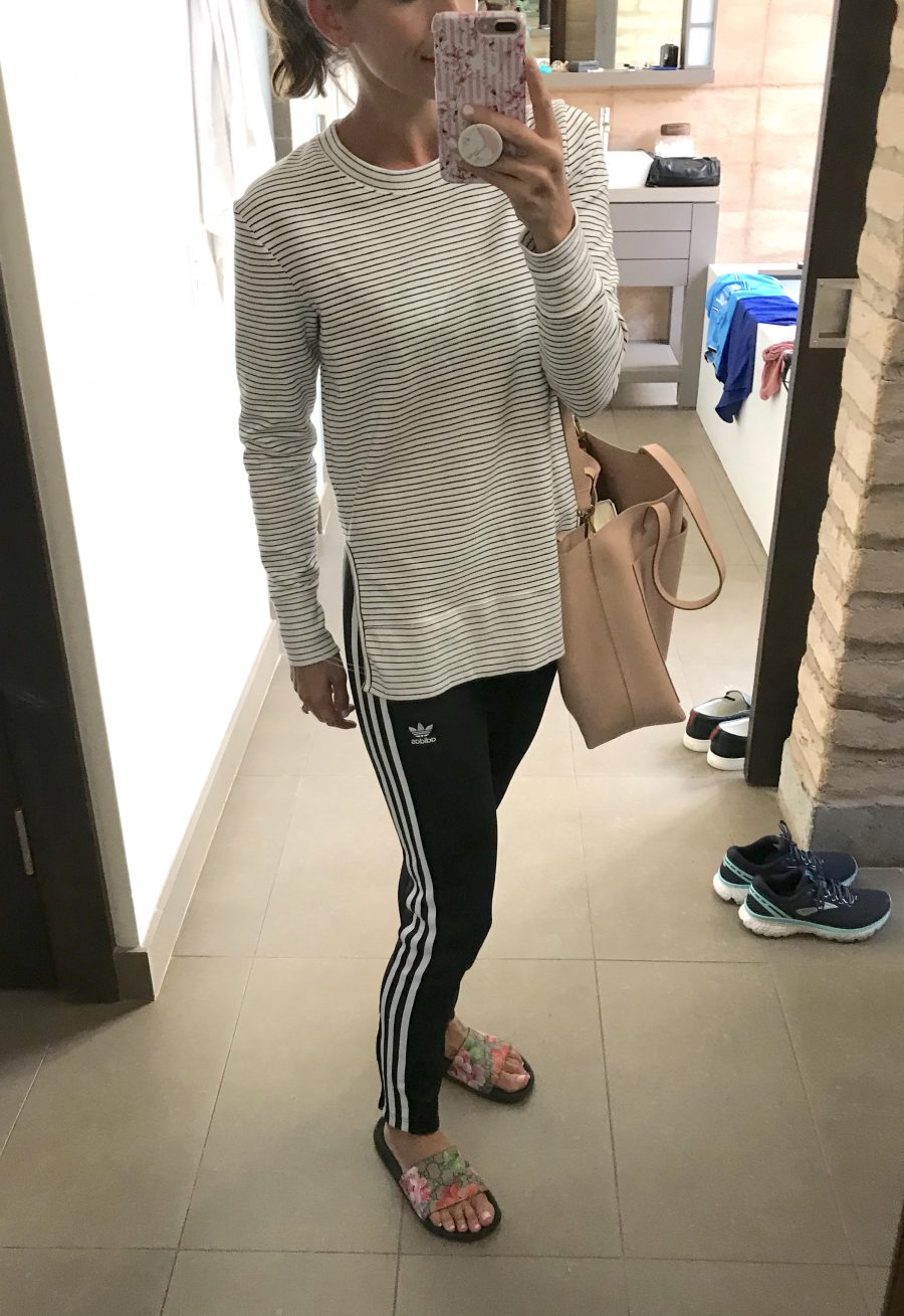 Tunic, Adidas track pants, Gucci slides, Madewell tote