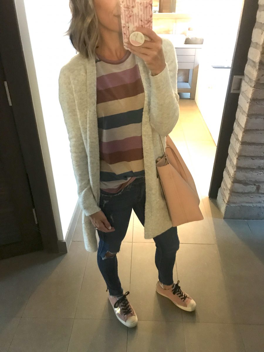Madewell cardigan, tee, Golden Goose sneakers, madewell tote