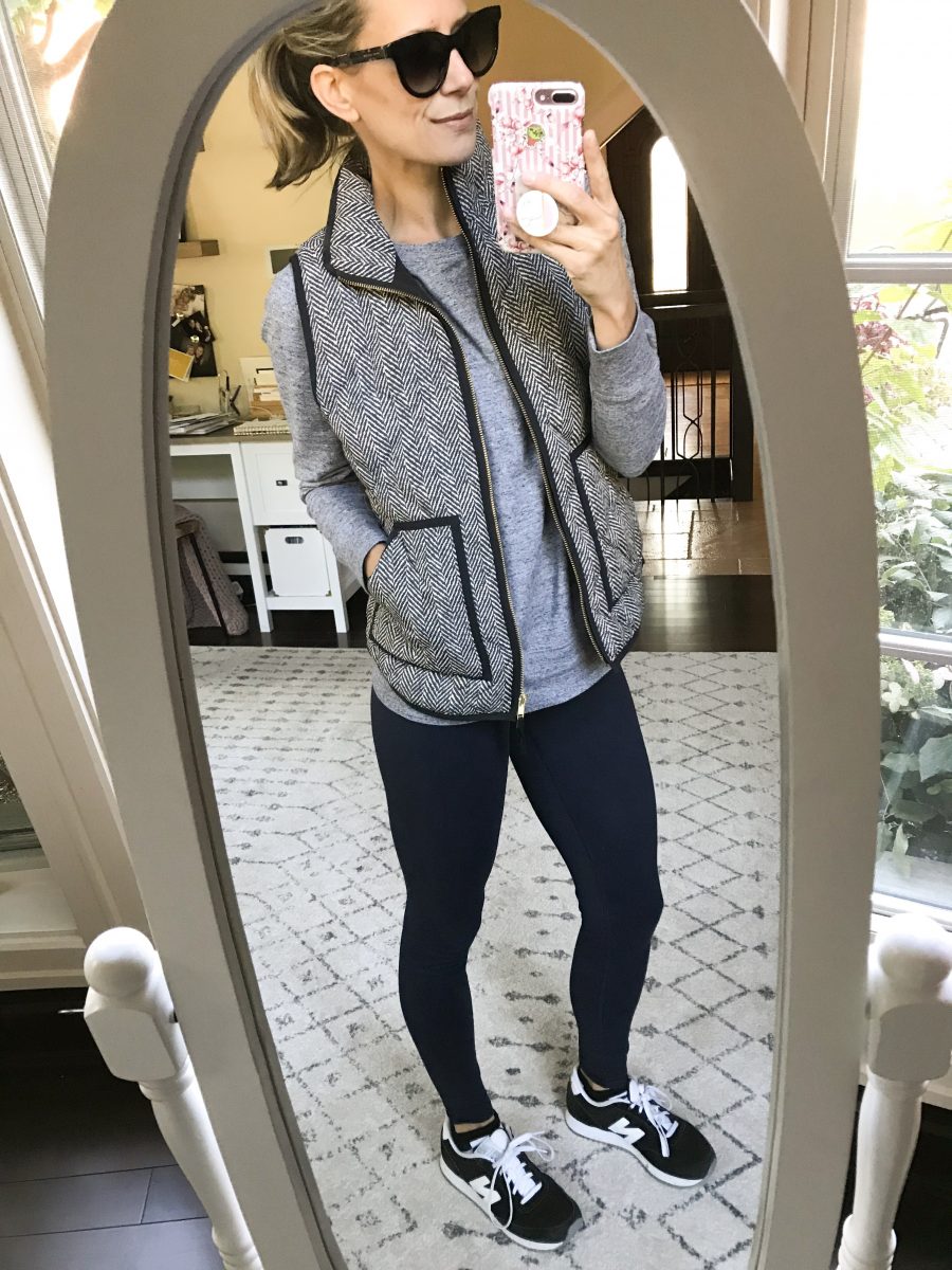 Vest, Nike sweatshirt, Zella leggings, New Balance sneakers, sunnies