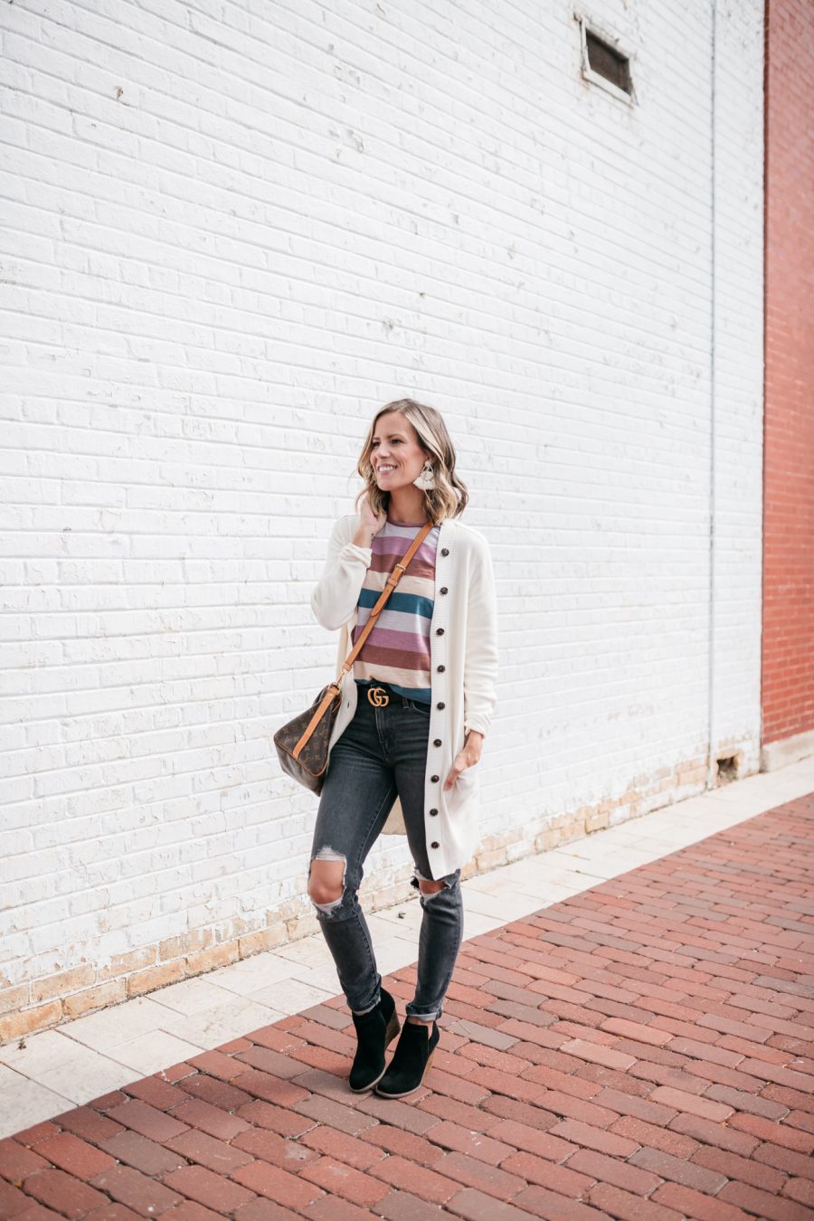 Striped tee, cardigan, denim, booties, and beachy waves