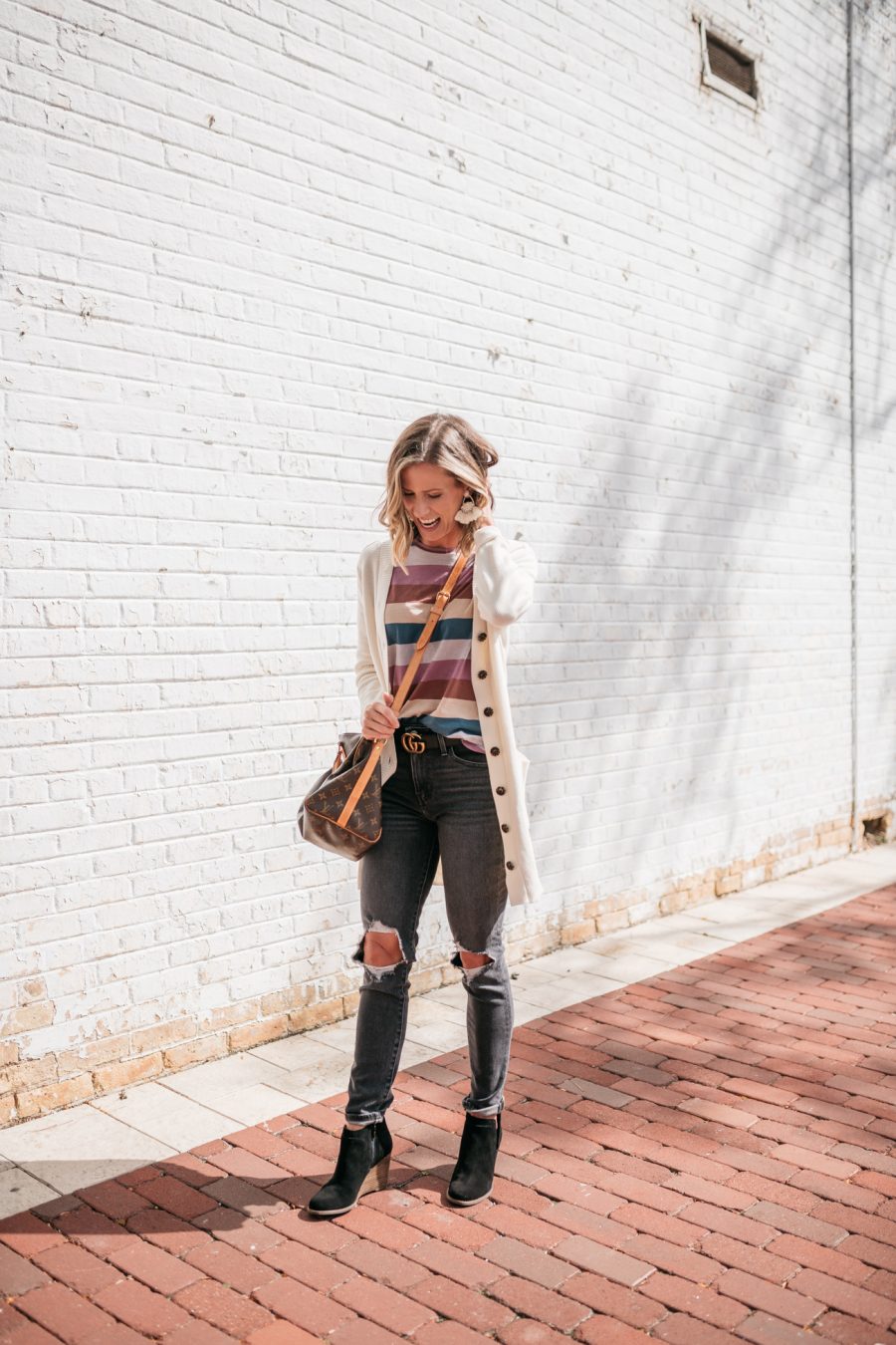 Striped tee, cardigan, denim, booties, and beachy waves