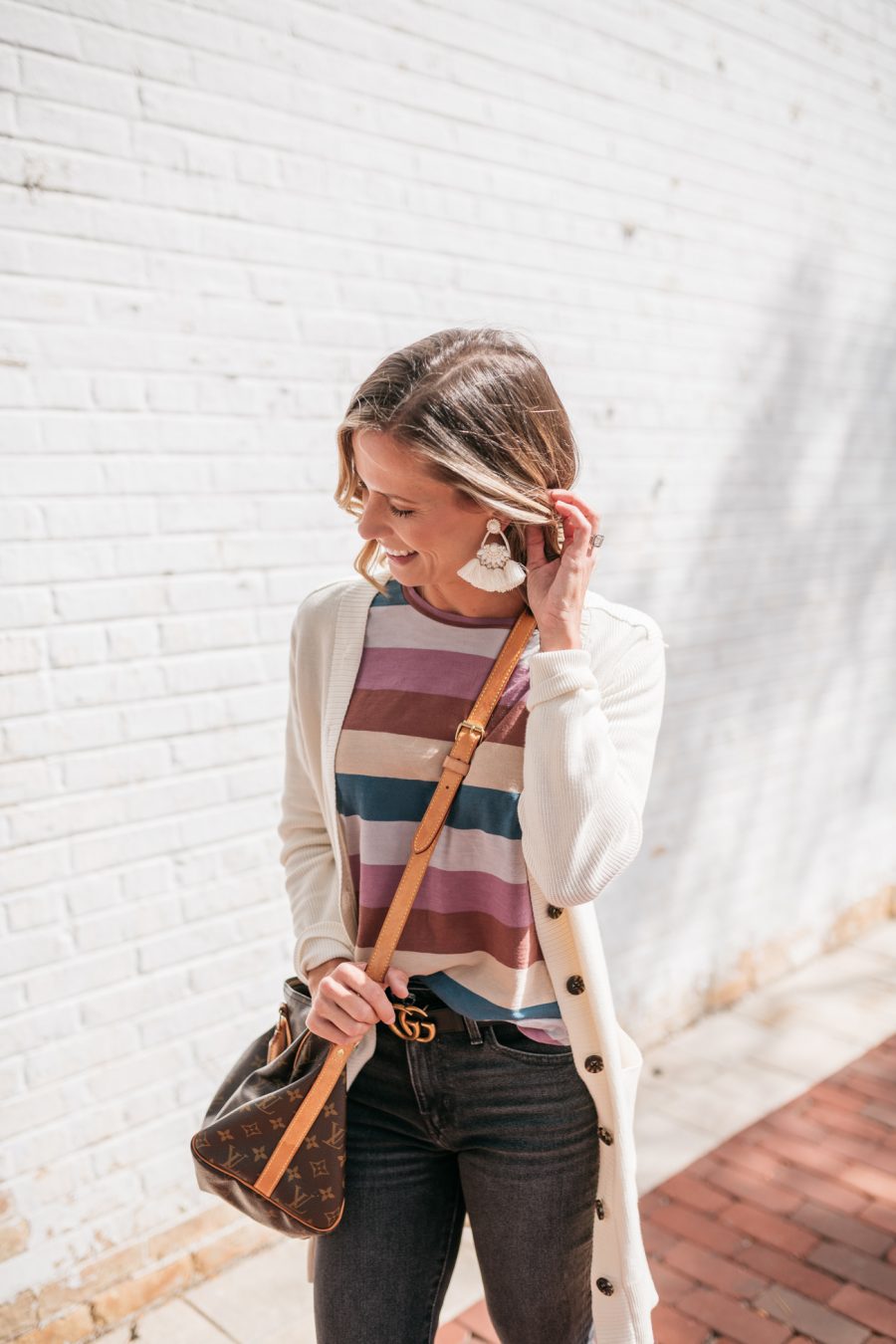 Striped tee, cardigan, denim, booties, and beachy waves