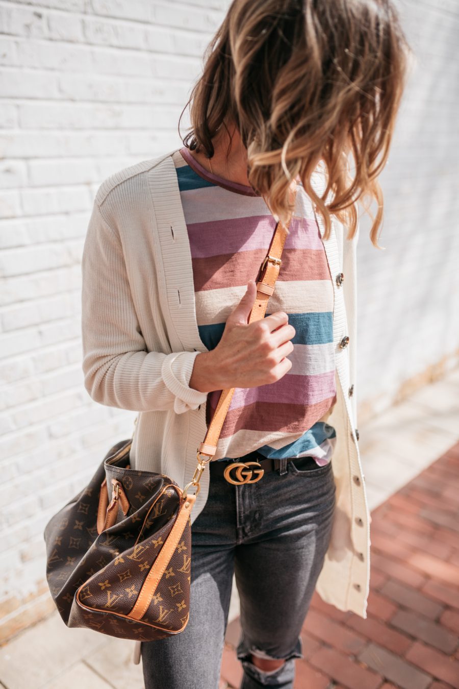 Striped tee, cardigan, denim, booties, and beachy waves