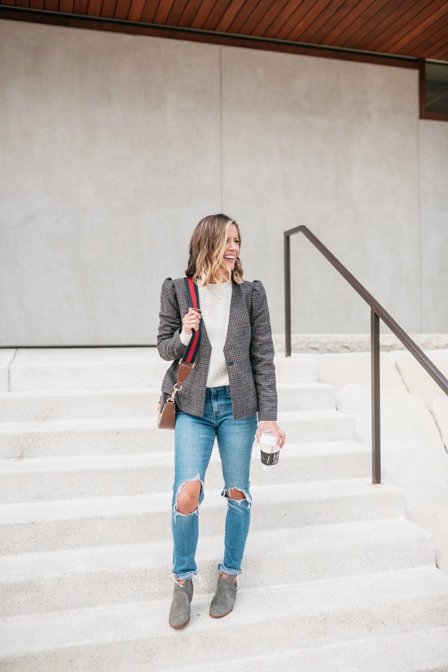 Fall style, plaid blazer, sweater, mom jeans, and booties