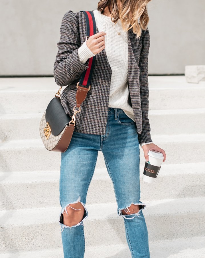 Fall style, plaid blazer, sweater, mom jeans, and booties