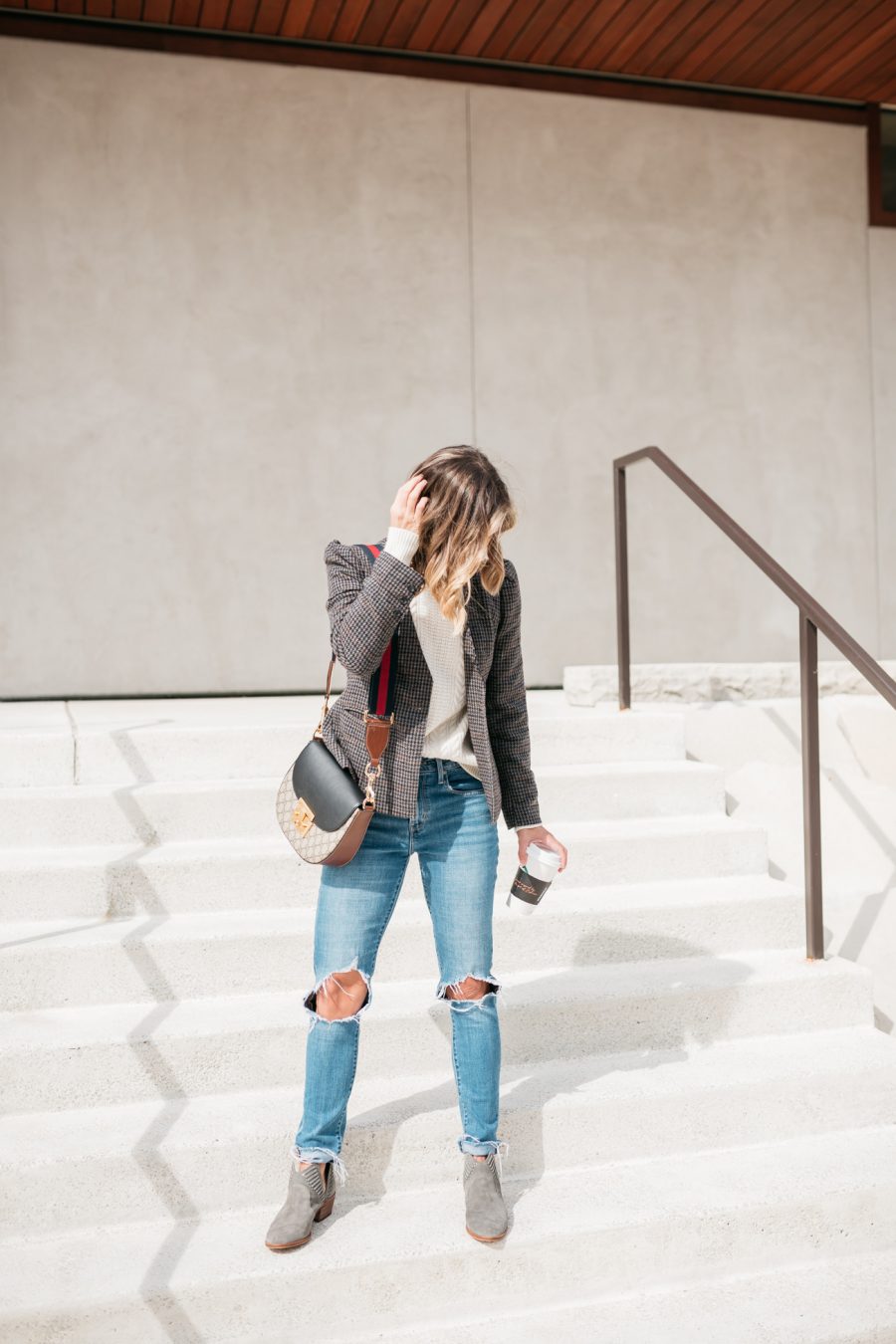 Fall style, plaid blazer, sweater, mom jeans, and booties